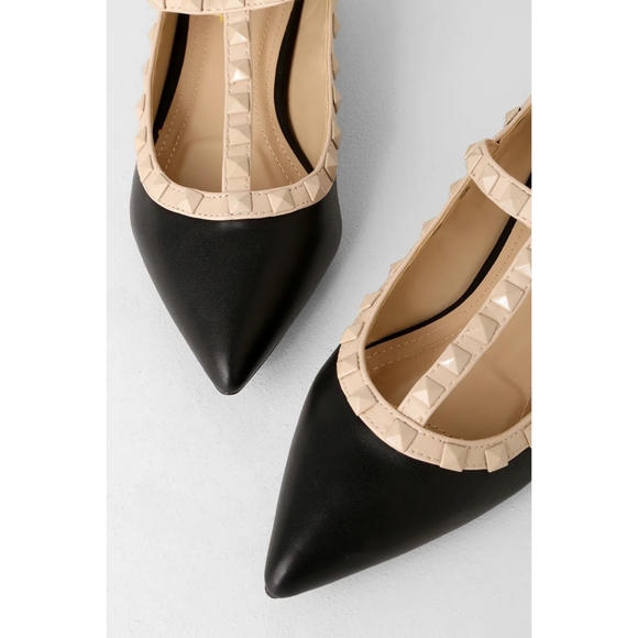 Lulus Audra Black Strappy Studded Low Pointed Toe Heels - Picture 3 of 10